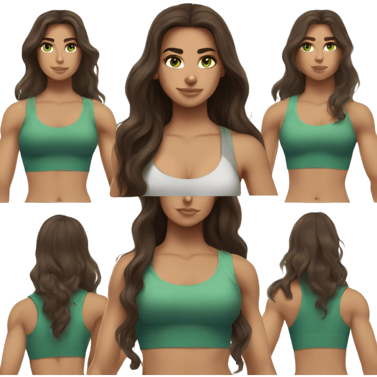 Aphrodite, Long haired, Brunette woman with green eyes and gymshark workout clothes emoji