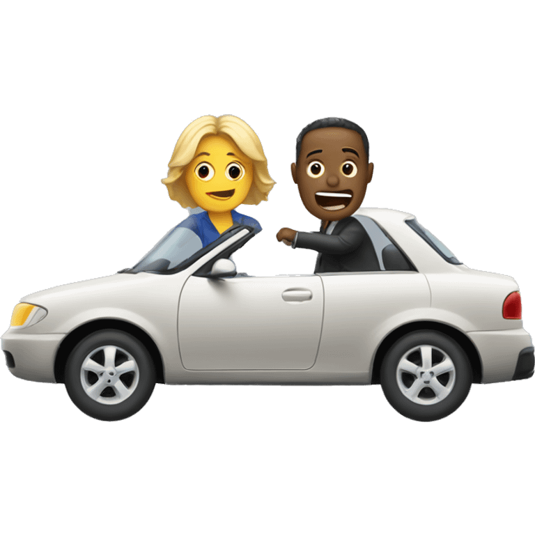 Woman in a car chasing a man that is outside the car emoji