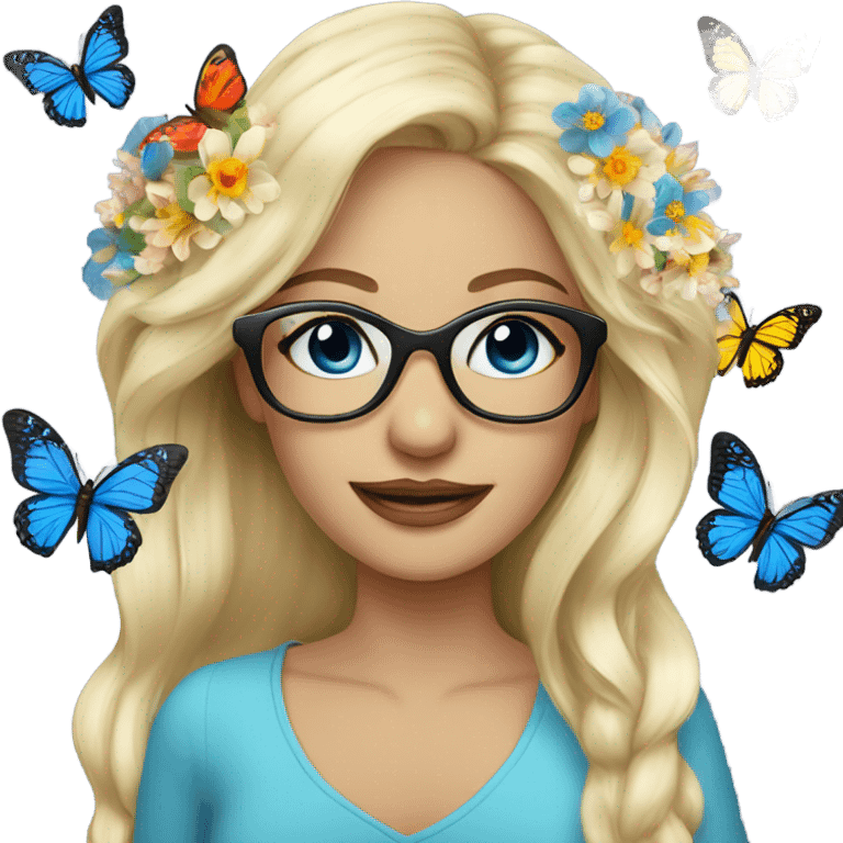 Gorgeous flowing blonde lady blue eyes with flowers and butterflies wearing glasses  emoji