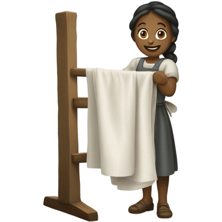 young washerwoman hanging large cloth spread out with the vernicle emoji