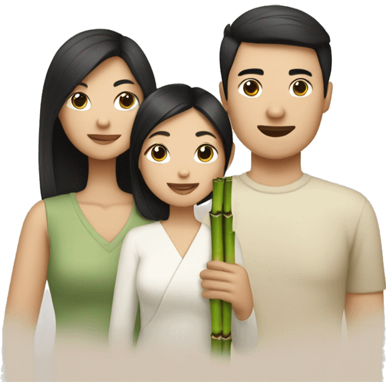 Asian with white skin and black hair: mom,dad,and daughter holding bamboo emoji