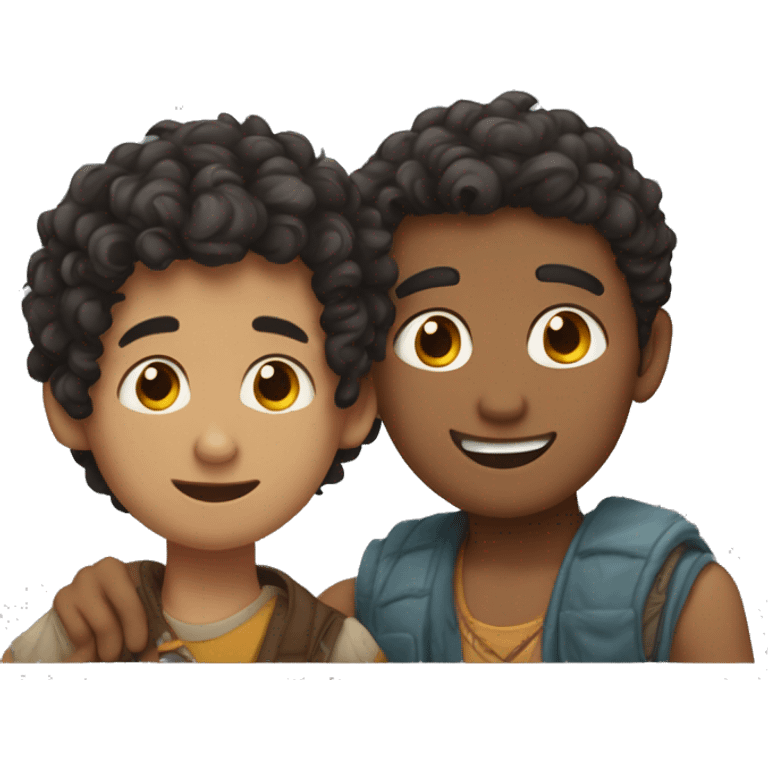 indian boy with short curly hair and Hispanic boy with curly puffy hair having a conversation and hugging it out emoji