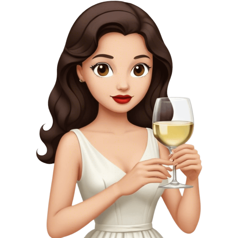 Beautiful woman in 1950’s woman fashion look, white dress, long hair, wine, dark brown hair emoji