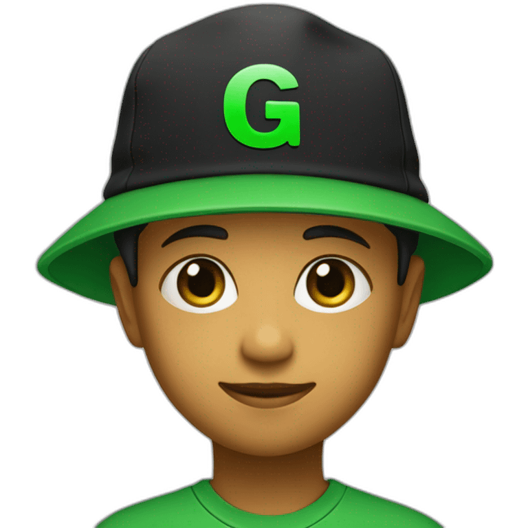 A child with green eyes, wearing a black hat and a green T-shirt with a black letter “G” on it  emoji