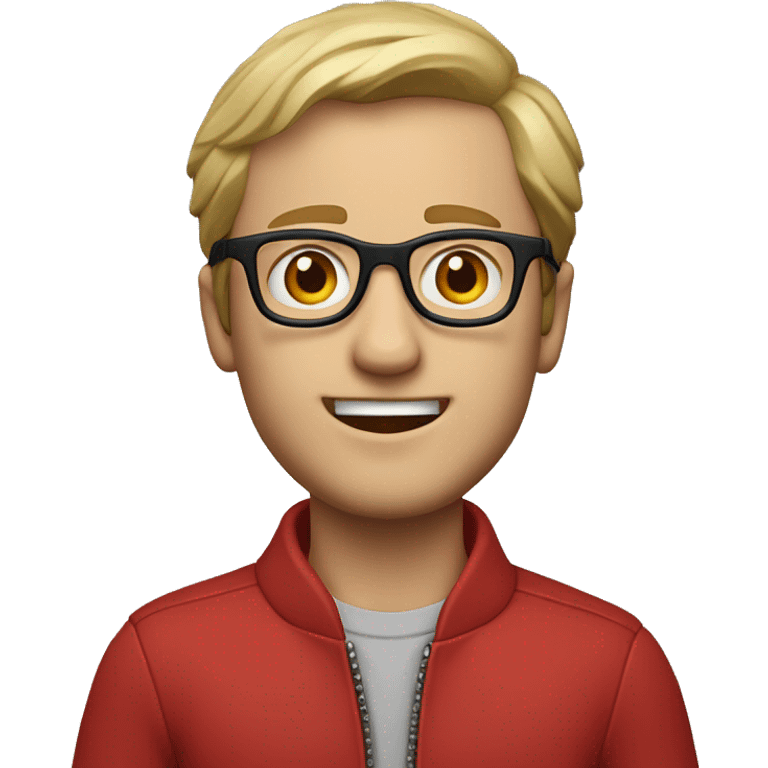 caucasian man, wearing glasses, small ear ring in the left ear, a little smile and a red jacket with ziper emoji