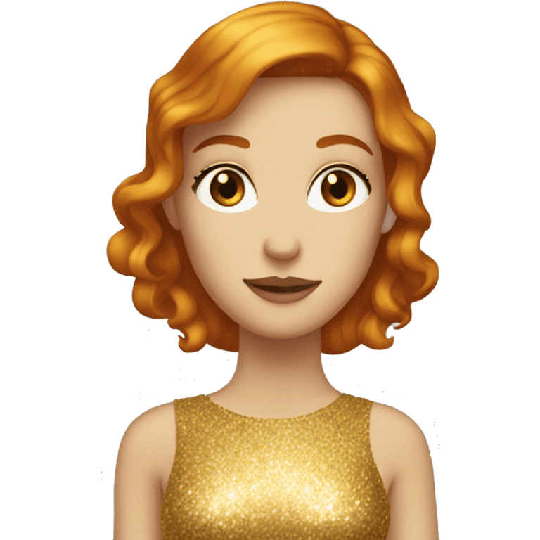 A red haired woman with hazel eyes wearing gold sparkly shiny dress emoji