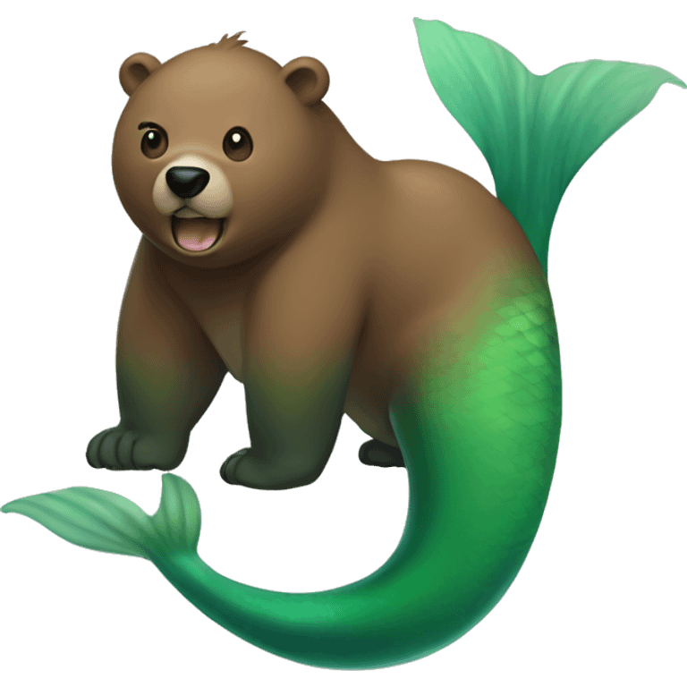 hybrid creature that has head and body of a brown bear and the green tail of a mermaid (merbear) emoji