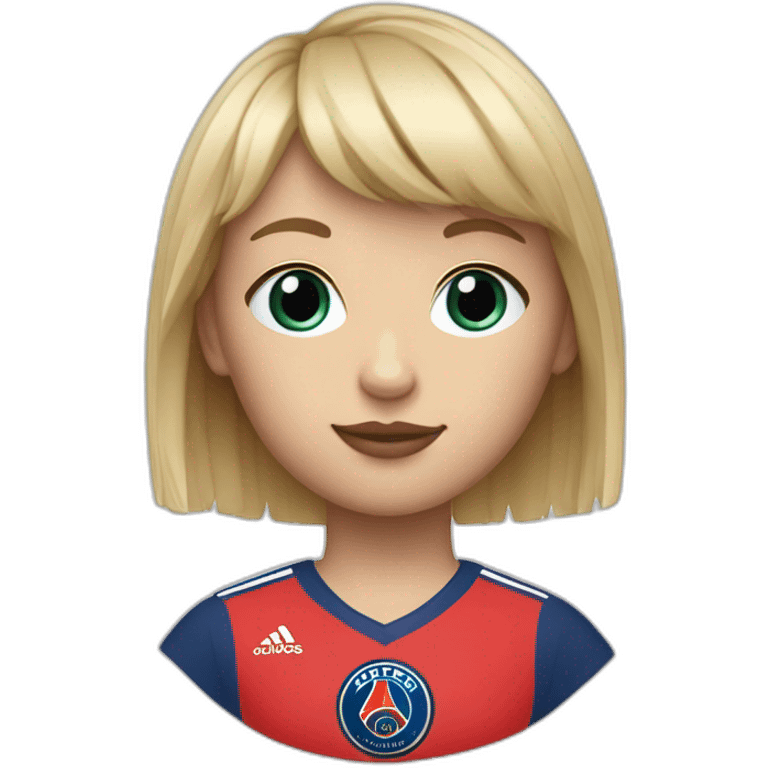 Blonde short hair fringe girl, blue eyes, a 1980 PSG jersey and a baguette emoji