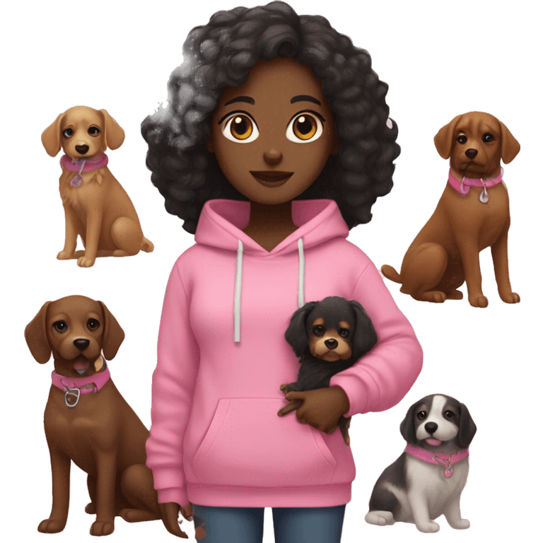 Black girl with long black hair in a pink hoodie holding a fluffy brown dog with a pink collar emoji