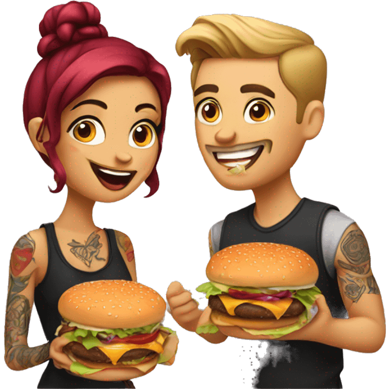 Beautiful tattooed couple eating burgers emoji