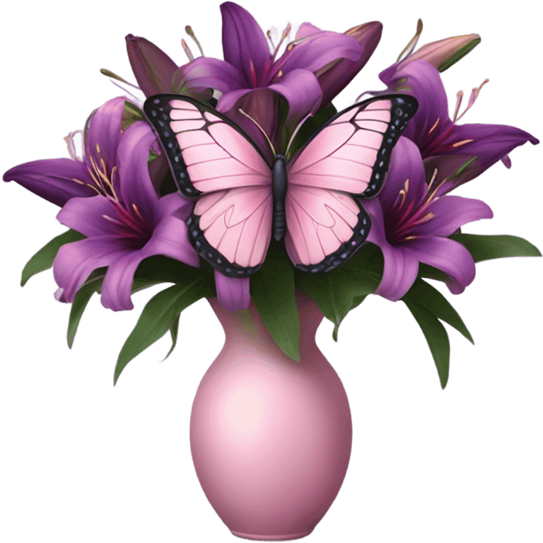 Aesthetic butterfly with purple and pink wings sitting on a dark purple bouquet of Lilies in a pastel pink vase emoji