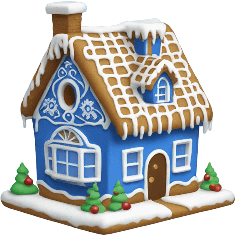 A blue and white gingerbread house emoji