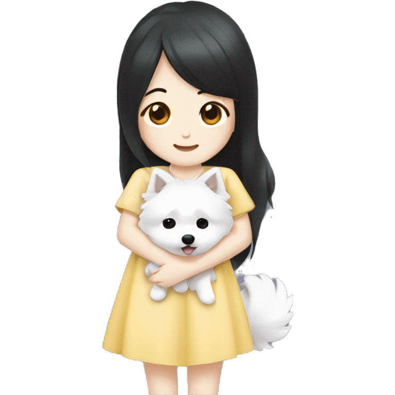 Japanese spitz dog hug black hair girl with dress emoji