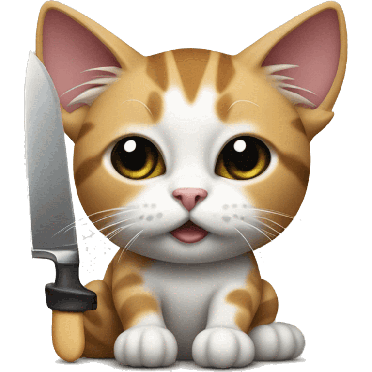 A tricolor cat with a black spot on its eye holds a knife in its paws emoji