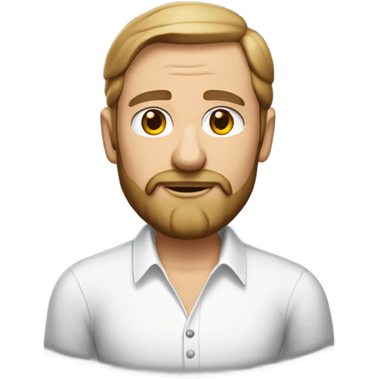 middle aged english man, short slicked back hair dark blonde, dark blonde medium length size full beard, wearing only a plain white smart shirt unbuttoned. emoji