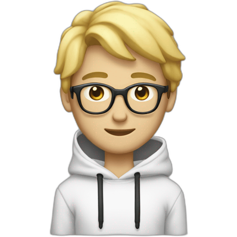 eenager with blond hair.  He is cross-eyed and wears black glasses.  He is also wearing a white hooded sweatshirt.  he has black eyes and a long face.  this guy is skinny and has a long neck emoji