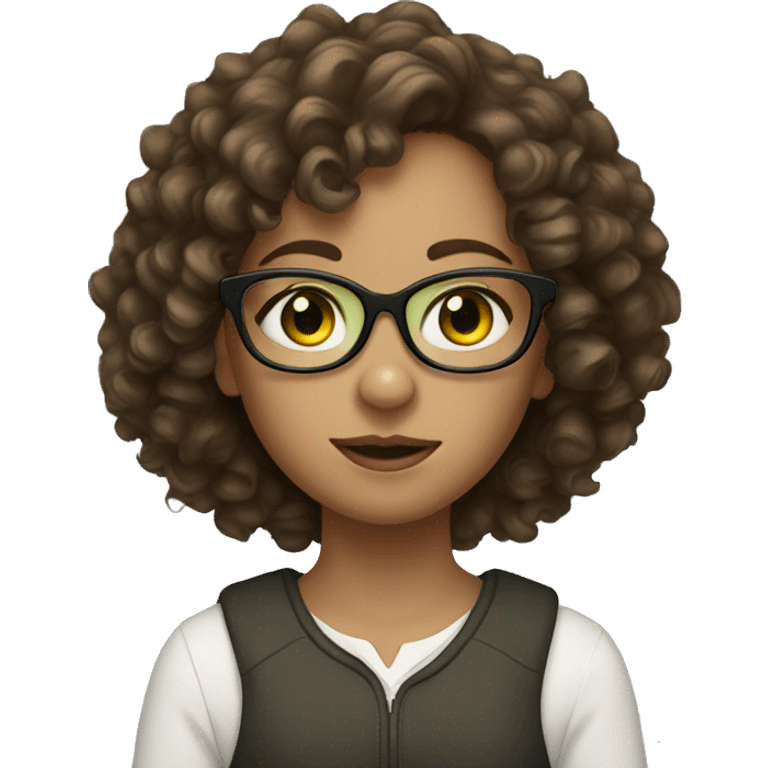 a girl with brown curly hair and greenish eyes that wears white glasses  emoji