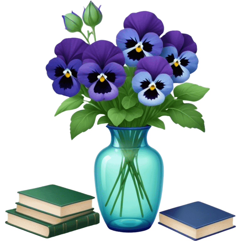 Aesthetically arranged books in dark green and next to them a bouquet of blue pansies in a light green glass vase emoji