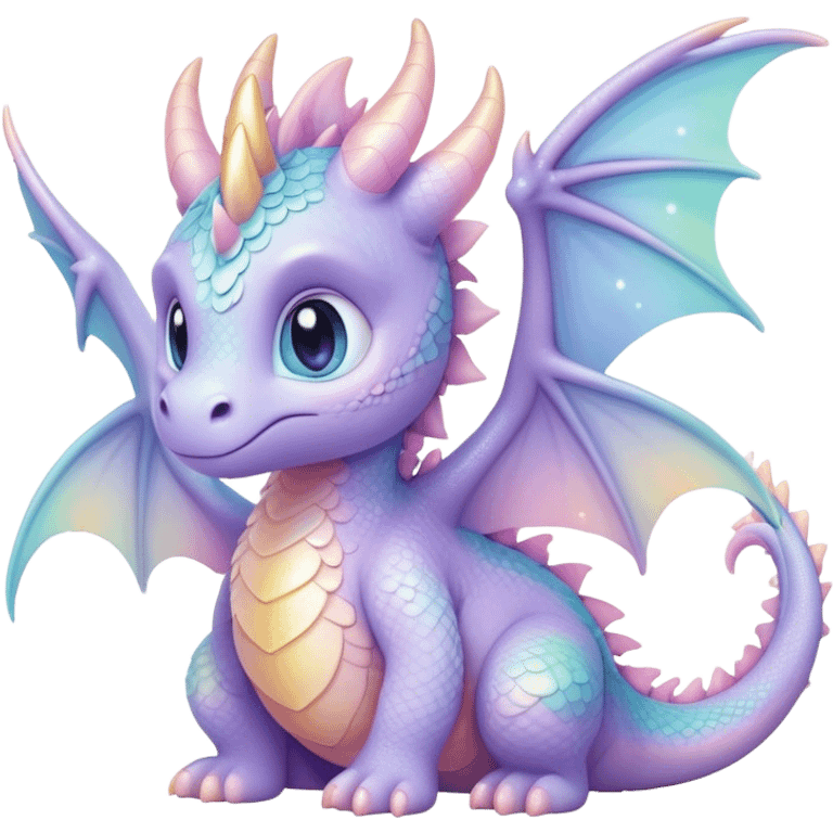 Cinematic fluffy pastel dragon, tiny round wings, chubby feet, sparkling gentle eyes, delicate glowing scales, soft colors blending magically, enchanting and whimsical. emoji