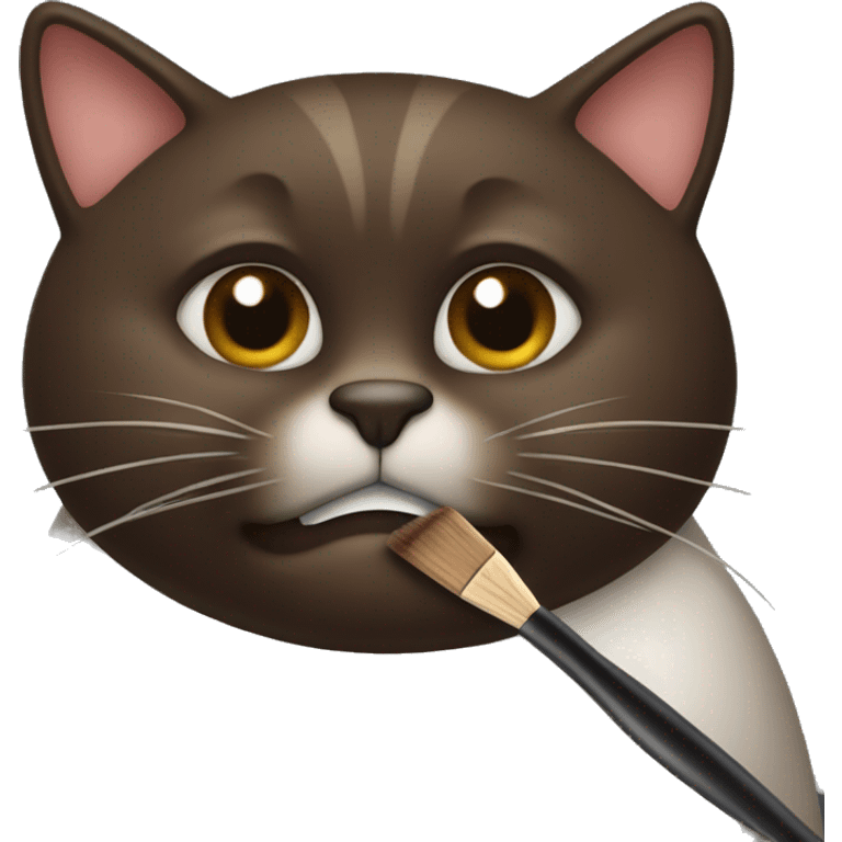 Dark brown fat cat hold brush in mouth  emoji