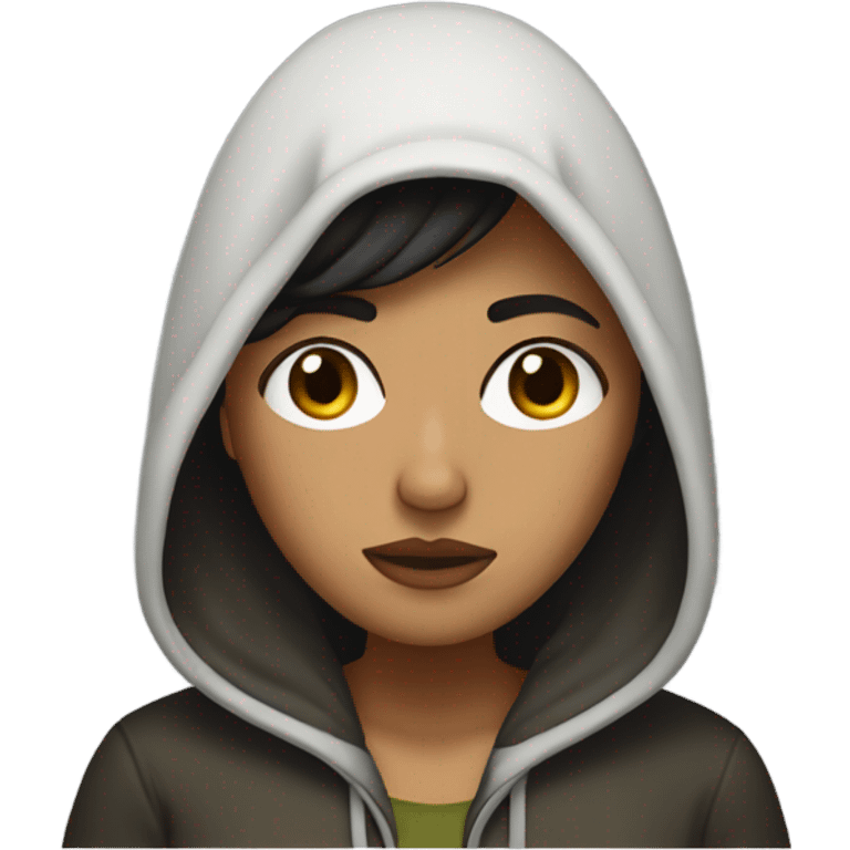 Dark hair olive skin woman in hood crying emoji