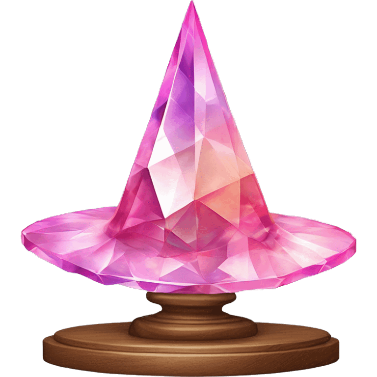 crystal sculpture witch hat with a geometric, faceted design. The hat is standing upright on a wooden stand with angular and baroque features. The vibrant midtone tints of pastels and pink highlights the sharp edges and planes.  emoji