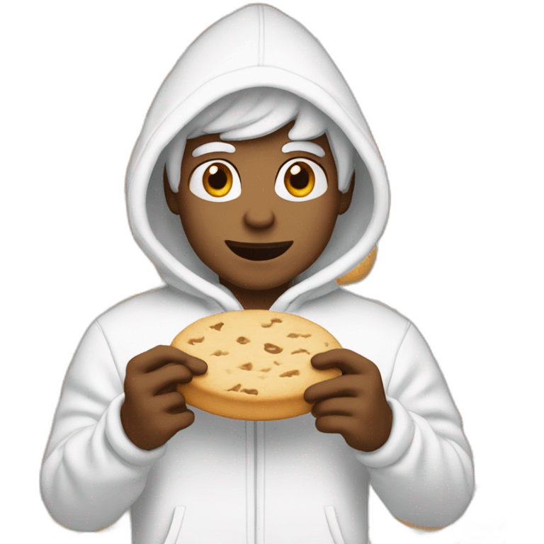 a character whose skin color is the actual pure color white he is eating cookies and he has white hair with a white hoodie and white pants and white shoes emoji