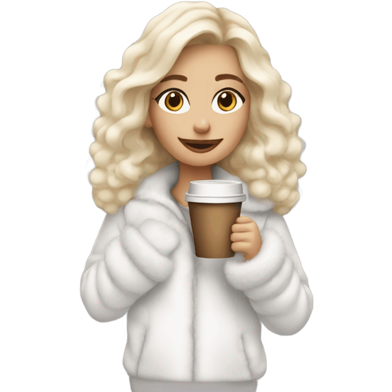 blonde girl wearing white fluffy jacket and a coffee to go in hand all dress white emoji