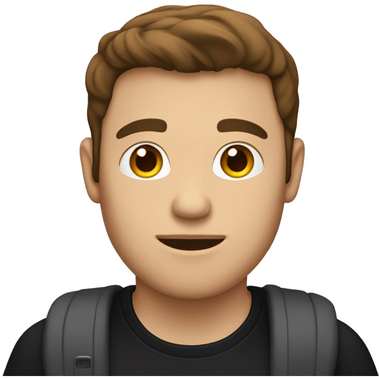 The guy with the MacBook: brown hair, brown eyes, black T-shirt, hair on end emoji