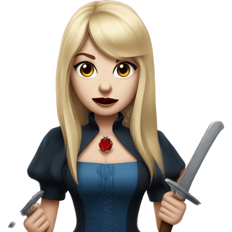 beautiful vampire woman with long blonde hair and blonde straight bangs and blue eyes wielding knives red water emoji