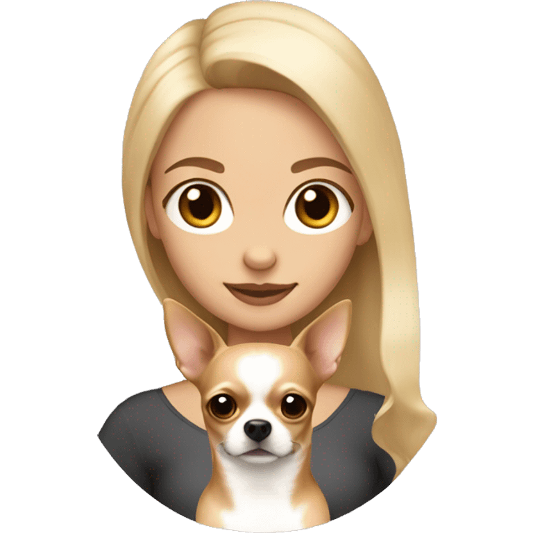 Blonde girl with brown eyes holding a light brown chihuahua emoji