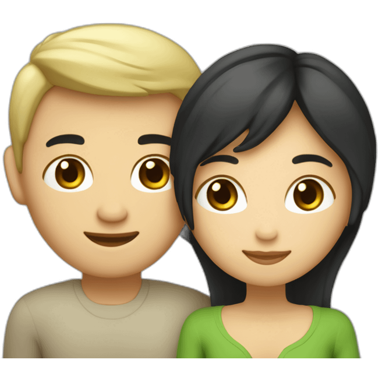 Un couple mignon composé d’un homme aux cheveux noir asiatique et d’une femme au cheuveux blond et au yeux vert emoji