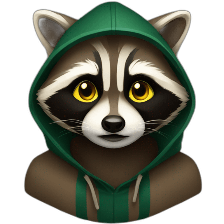 brown raccoon with yellow eyes and a dark green hood emoji