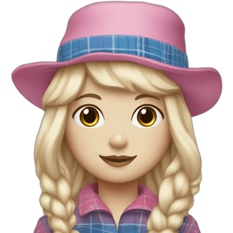 ragdoll with blond hair, pink hat and blue and white tartan dress emoji