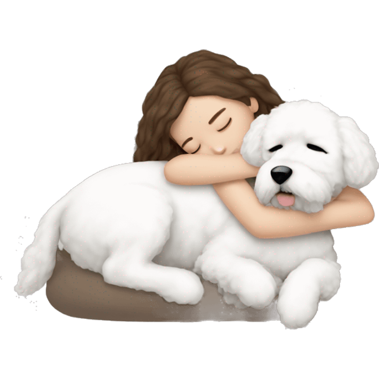 White girl brown hair sleeping with Bichon Freeze emoji