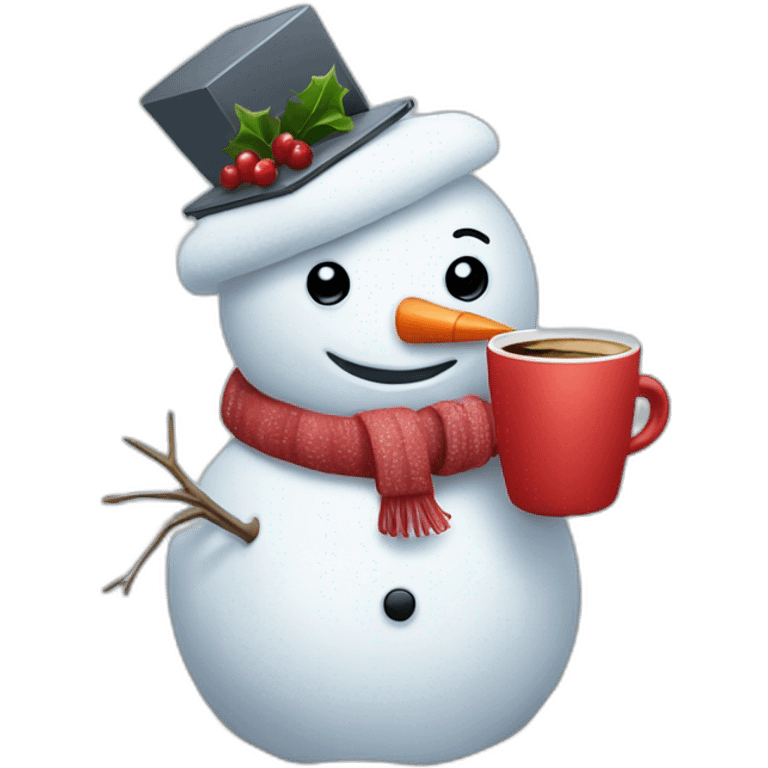 cute female snowman with a laptop holding a coffee mug emoji