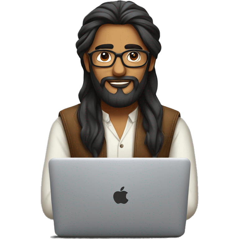 indian man long hair in bun, beard, glasses with macbook computer  emoji