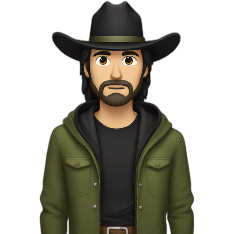 White hazel eyed cowboy with black long hair and beard wearing a black cowboy hat and olive green hoodie emoji