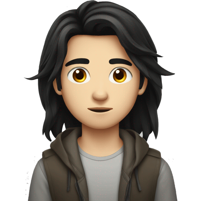 european teenager boy long black hair serious face emoji