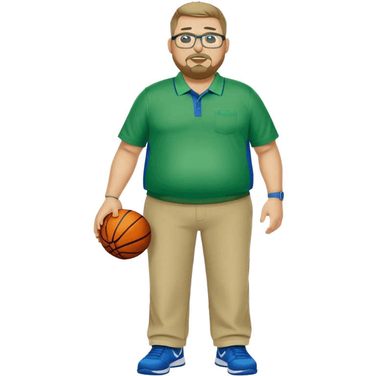  full body white obese male basketball coach with trophy. Goatee , Wearing glasses and blue and green nike polo shirt and khaki pants emoji