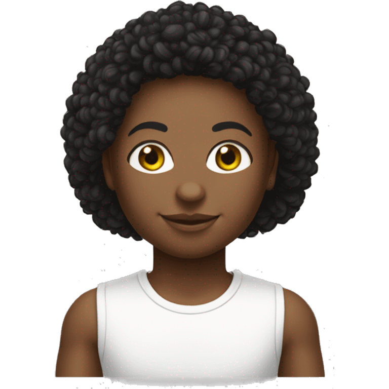 Avatar pele branca, cabelos cacheados de cor preto com franja lisa, olhos um pouco apertados se cor castanhos claros, com a roupa calça larga e babylook emoji