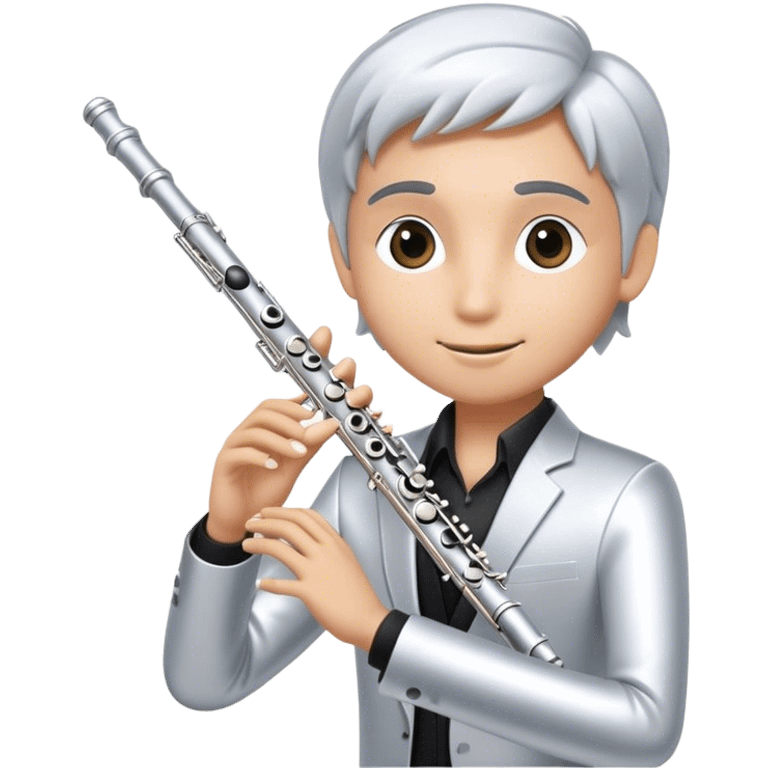 Cinematic Realistic Flute, polished silver metal with precise keywork, soft reflections of warm light dancing along its length, a musician’s delicate fingers pressing the keys, glowing with a sleek and elegant charm. emoji