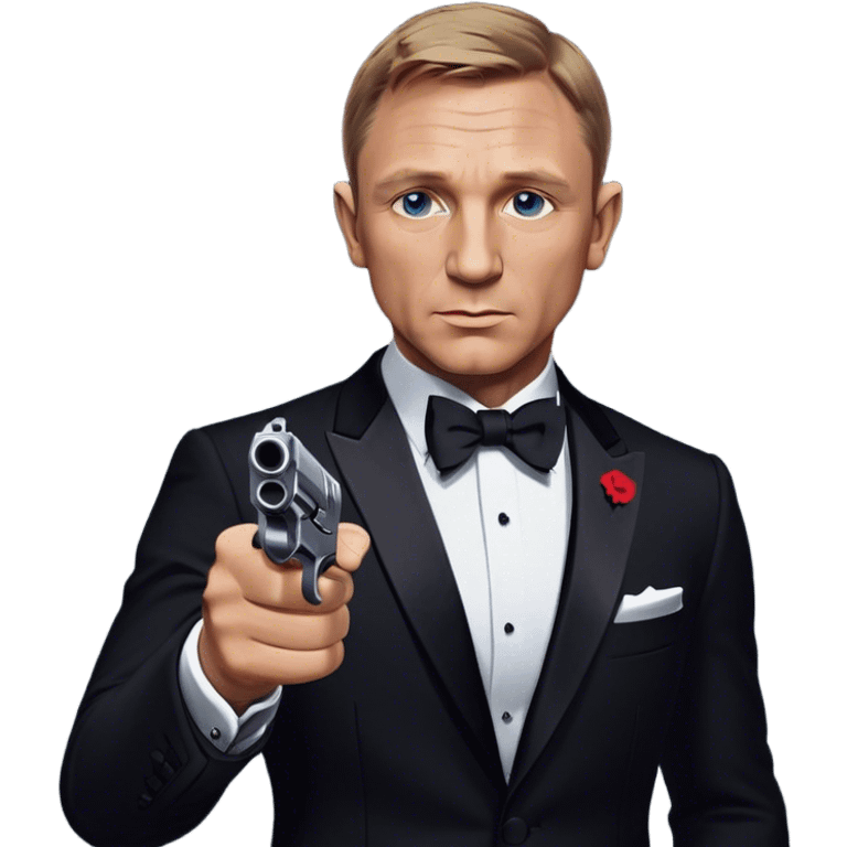 Cinematic Realistic James Bond Daniel Craig Portrait Emoji, depicted as the ultimate suave and enigmatic secret agent, donning a sharply tailored tuxedo, gripping a sleek handgun, with a piercing gaze that exudes confidence and danger. The scene is infused with moody, high-contrast cinematic lighting, evoking the thrilling world of espionage and intrigue. emoji