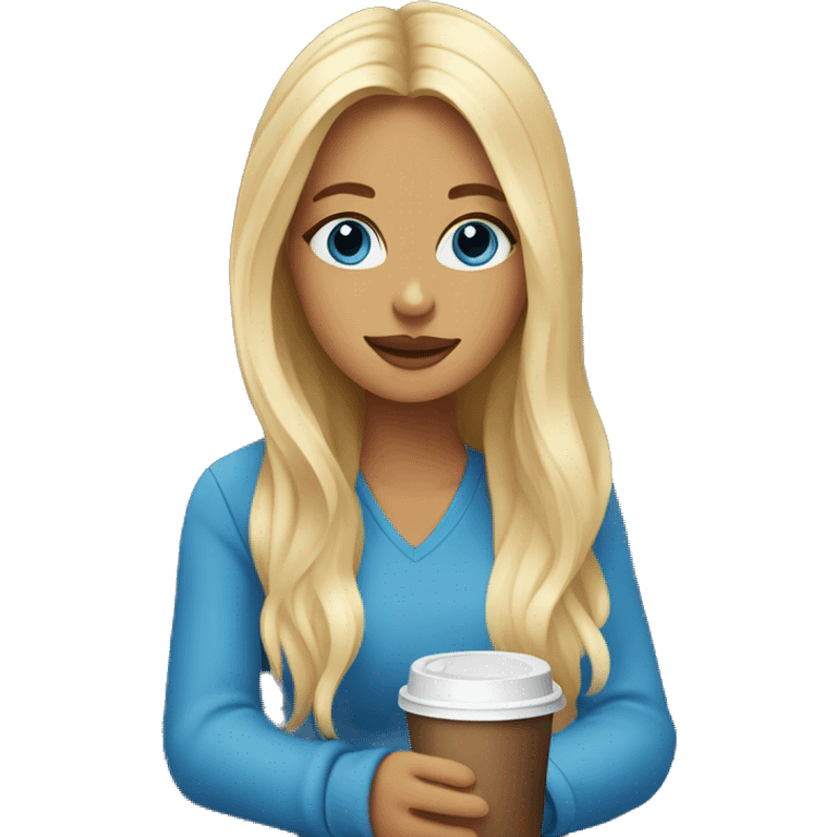 blonde girl with long hair and blue eyes sitting outside a coffee shop with a coffee  emoji