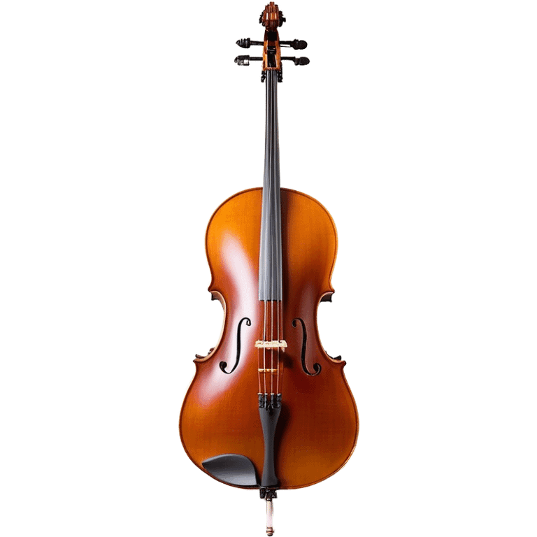 Create a refined and detailed emoji representing a Cremona 4/3F 4/4 cello with a bow. The design should feature the smooth, polished wooden body of the cello with a deep, rich tone color. The strings and tuning pegs should be visible, emphasizing the instrument's fine craftsmanship. Add a delicate bow placed gently across the strings, with intricate detailing on the hair and frog. Include subtle musical notes around the cello to evoke the graceful, classical sound. Use warm wood tones and accents like gold and silver for a professional, elegant look. The background should be transparent. emoji