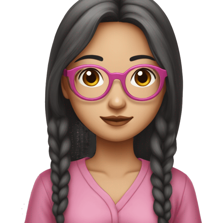 an oriental girl, with two dimples in left cheek, wear a round glasses (but not too round), aged 24, likes to wear pink, holding a macbook, hair is long and straight, she has a fair skin emoji