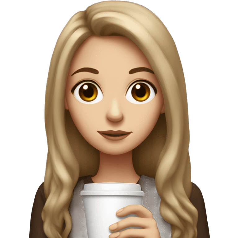 White girl with brown long hair big eyes and coffee   emoji