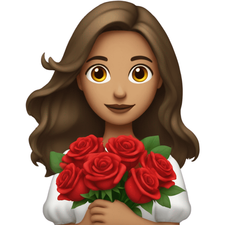 girl with beautiful long hair brunette in her hands a huge bouquet of red roses emoji