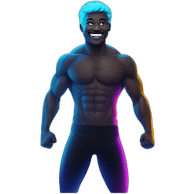 Fit, playful emoji-man with vivid neon glow, exuding a cheerful aura, and strong, lively posture.”  emoji