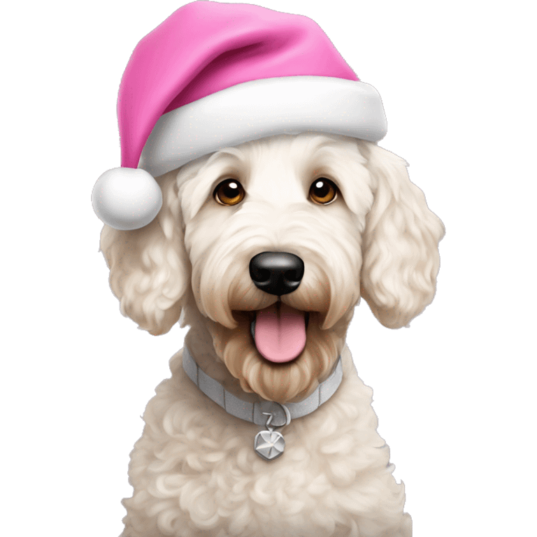 White goldendoodle wearing pink Santa hat emoji